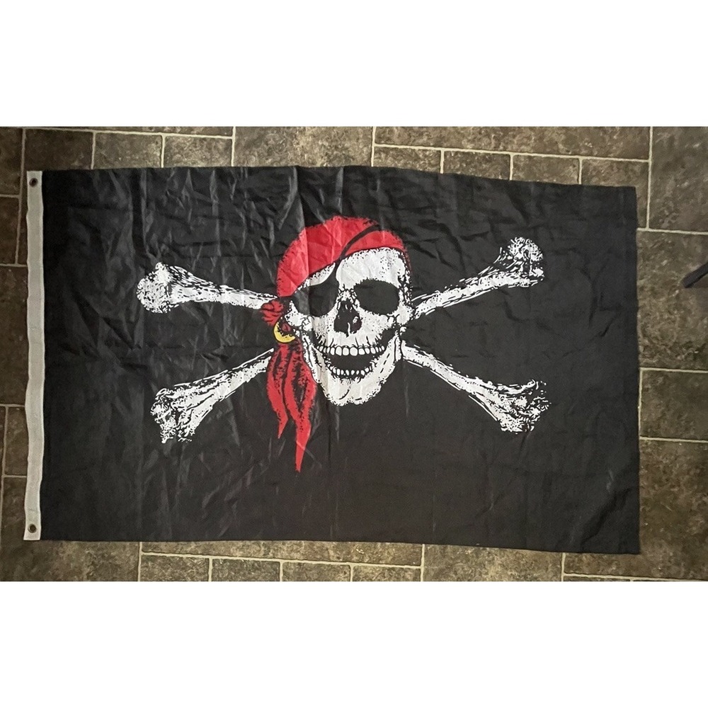 Jolly Roger Pirate Red Bandana Skull Crossbones‎ Flag Large 35"x57.5" Flag